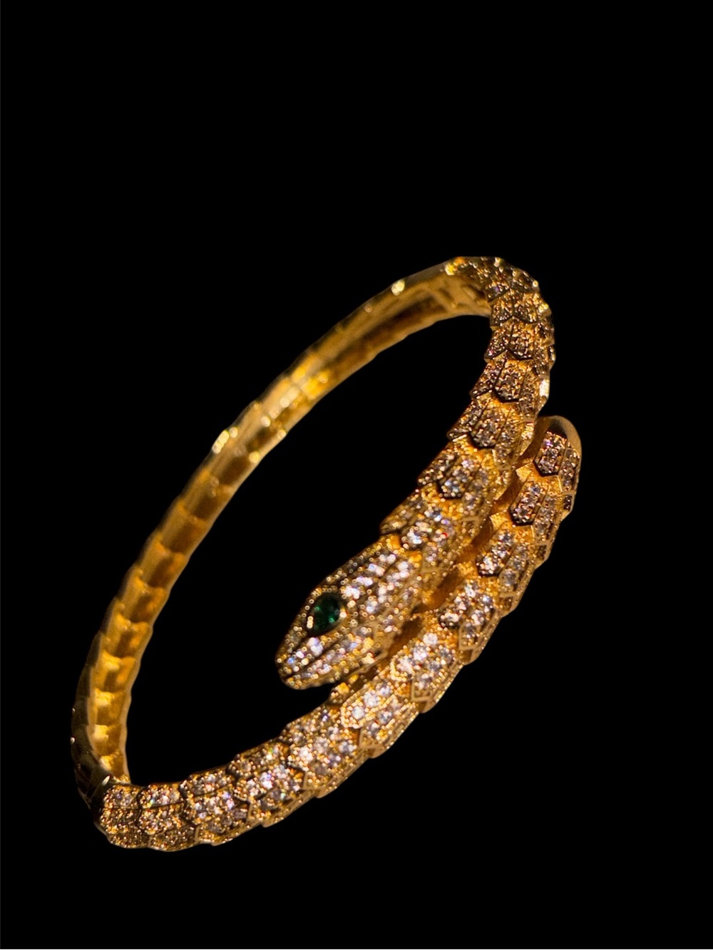 Gold Snake Cuff Bracelet with Green Eye Accent